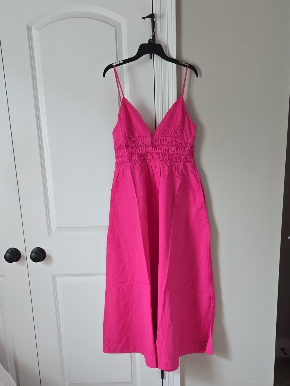 Zara Hot Pink Midi Cotton Dress with Pockets And Spaghetti Straps Size Large